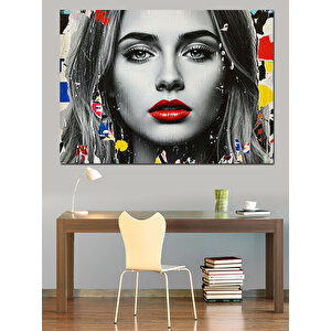 Siyah Beyaz Renkli Dudaklı Kadın Dekoratif Kanvas - Mdf Ahşap Tablo