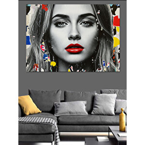 Siyah Beyaz Renkli Dudaklı Kadın Dekoratif Kanvas - Mdf Ahşap Tablo