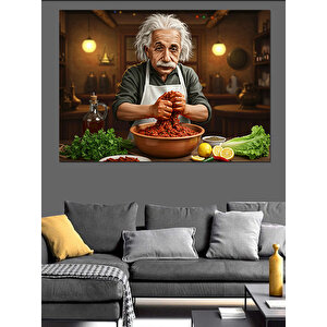 Çiğ Köfte Yapan Einstein Dekoratif Kanvas - Mdf Ahşap Tablo