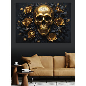 Altın Siyah Kafatası Dekoratif Kanvas - Mdf Ahşap Tablo 50x70 cm
