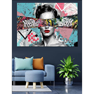Grafiti Arka Planlı Genç Kadın Dekoratif Kanvas - Mdf Ahşap Tablo