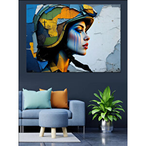 Soyut Kasklı Kadın Figürü Dekoratif Kanvas - Mdf Ahşap Tablo 50x70 cm
