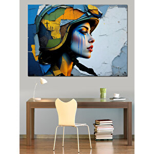 Soyut Kasklı Kadın Figürü Dekoratif Kanvas - Mdf Ahşap Tablo
