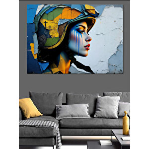Soyut Kasklı Kadın Figürü Dekoratif Kanvas - Mdf Ahşap Tablo