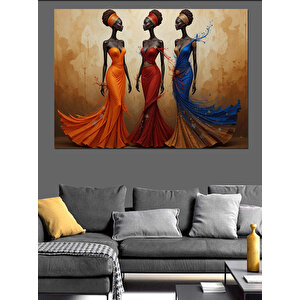 Üç Renkli Elbiseli Kadın Dekoratif Kanvas - Mdf Ahşap Tablo 50x70 cm