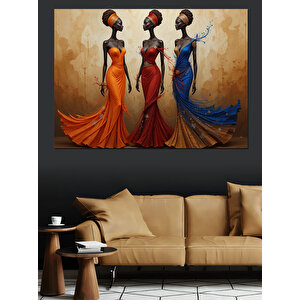 Üç Renkli Elbiseli Kadın Dekoratif Kanvas - Mdf Ahşap Tablo 50x70 cm