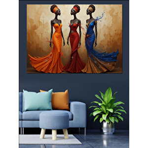 Üç Renkli Elbiseli Kadın Dekoratif Kanvas - Mdf Ahşap Tablo 50x70 cm