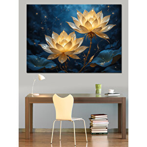 Gece Açmış Altın Nilüfer Dekoratif Kanvas - Mdf Ahşap Tablo 50x70 cm