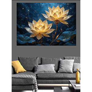 Gece Açmış Altın Nilüfer Dekoratif Kanvas - Mdf Ahşap Tablo 50x70 cm