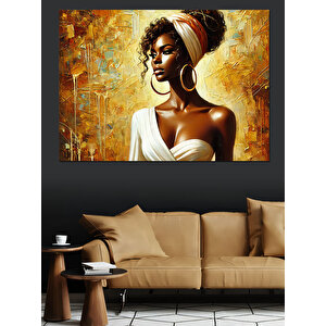 Altın Küpeli Afro Kadın Dekoratif Kanvas - Mdf Ahşap Tablo 100x140 cm