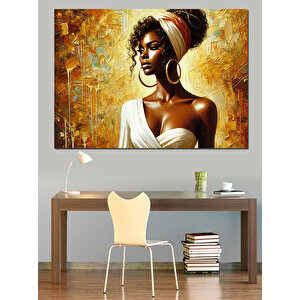 Altın Küpeli Afro Kadın Dekoratif Kanvas - Mdf Ahşap Tablo