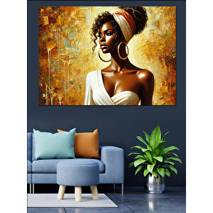 Altın Küpeli Afro Kadın Dekoratif Kanvas - Mdf Ahşap Tablo 50x70 cm