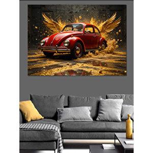 Altın Volkswagen Beetle Dekoratif Kanvas - Mdf Ahşap Tablo