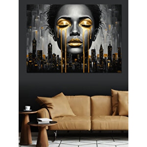 Altın Makyajlı Kadın Portresi Dekoratif Kanvas - Mdf Ahşap Tablo 100x140 cm