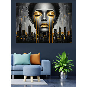 Altın Makyajlı Kadın Portresi Dekoratif Kanvas - Mdf Ahşap Tablo 100x140 cm