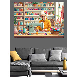 Dikiş Makinesi Ve Terzi Kadın Dekoratif Kanvas - Mdf Ahşap Tablo 100x140 cm