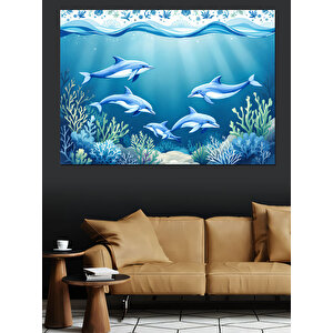 Mavi Sular Altında Yunuslar Dekoratif Kanvas - Mdf Ahşap Tablo 70x100 cm