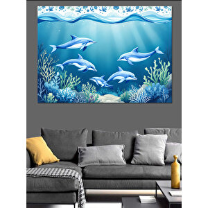Mavi Sular Altında Yunuslar Dekoratif Kanvas - Mdf Ahşap Tablo 35x50 cm