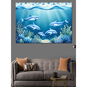 Mavi Sular Altında Yunuslar Dekoratif Kanvas - Mdf Ahşap Tablo