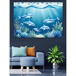 Mavi Sular Altında Yunuslar Dekoratif Kanvas - Mdf Ahşap Tablo 25x35 cm