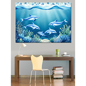 Mavi Sular Altında Yunuslar Dekoratif Kanvas - Mdf Ahşap Tablo