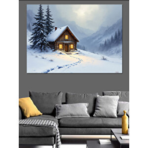 Karlı Ormanda Ahşap Kulübe Dekoratif Kanvas - Mdf Ahşap Tablo