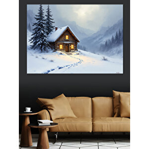 Karlı Ormanda Ahşap Kulübe Dekoratif Kanvas - Mdf Ahşap Tablo