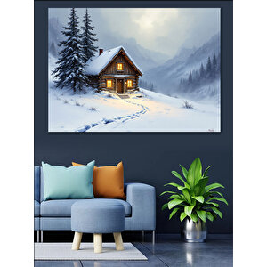 Karlı Ormanda Ahşap Kulübe Dekoratif Kanvas - Mdf Ahşap Tablo 35x50 cm