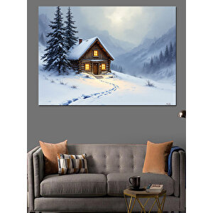 Karlı Ormanda Ahşap Kulübe Dekoratif Kanvas - Mdf Ahşap Tablo 35x50 cm