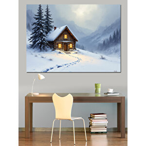 Karlı Ormanda Ahşap Kulübe Dekoratif Kanvas - Mdf Ahşap Tablo 35x50 cm