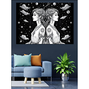 Siyah Beyaz İkizler Burcu Dekoratif Kanvas - Mdf Ahşap Tablo 100x140 cm