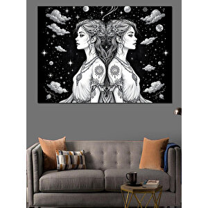 Siyah Beyaz İkizler Burcu Dekoratif Kanvas - Mdf Ahşap Tablo 100x140 cm