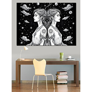 Siyah Beyaz İkizler Burcu Dekoratif Kanvas - Mdf Ahşap Tablo