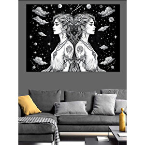 Siyah Beyaz İkizler Burcu Dekoratif Kanvas - Mdf Ahşap Tablo