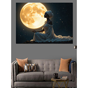 Dolunay Altında Meditasyon Kadın Dekoratif Kanvas - Mdf Ahşap Tablo 50x70 cm