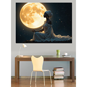 Dolunay Altında Meditasyon Kadın Dekoratif Kanvas - Mdf Ahşap Tablo 50x70 cm