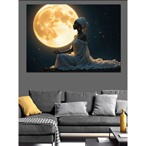 Dolunay Altında Meditasyon Kadın Dekoratif Kanvas - Mdf Ahşap Tablo 50x70 cm