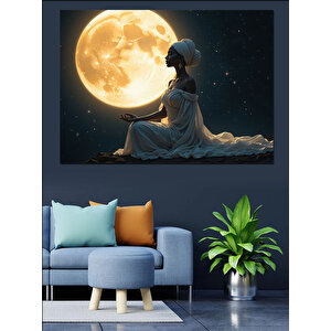 Dolunay Altında Meditasyon Kadın Dekoratif Kanvas - Mdf Ahşap Tablo