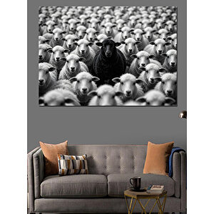 Siyah Beyaz Koyun Sürüsü Dekoratif Kanvas - Mdf Ahşap Tablo 100x140 cm