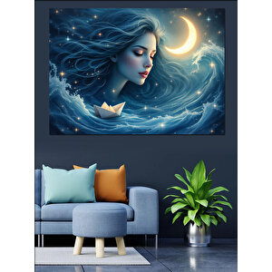 Dolunay Altında Su Kadını Dekoratif Kanvas - Mdf Ahşap Tablo 25x35 cm