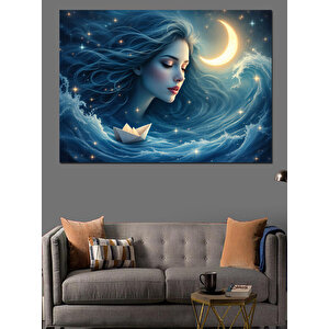 Dolunay Altında Su Kadını Dekoratif Kanvas - Mdf Ahşap Tablo 70x100 cm
