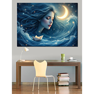 Dolunay Altında Su Kadını Dekoratif Kanvas - Mdf Ahşap Tablo 70x100 cm