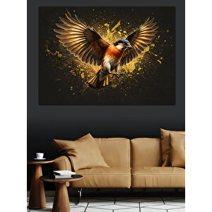 Altın Parlayan Küçük Serçe Dekoratif Kanvas - Mdf Ahşap Tablo