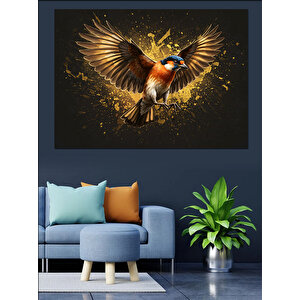 Altın Parlayan Küçük Serçe Dekoratif Kanvas - Mdf Ahşap Tablo