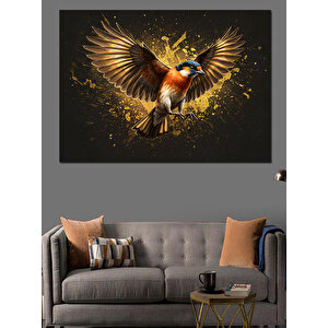 Altın Parlayan Küçük Serçe Dekoratif Kanvas - Mdf Ahşap Tablo 35x50 cm