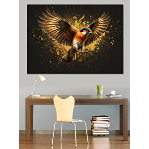 Altın Parlayan Küçük Serçe Dekoratif Kanvas - Mdf Ahşap Tablo 35x50 cm