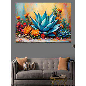 Renkli Egzotik Mavi Kaktüs Dekoratif Kanvas - Mdf Ahşap Tablo 50x70 cm