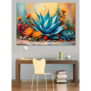 Renkli Egzotik Mavi Kaktüs Dekoratif Kanvas - Mdf Ahşap Tablo 50x70 cm