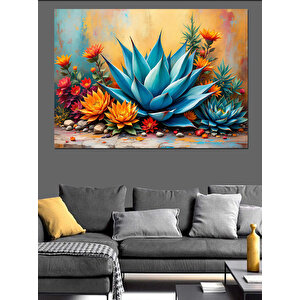 Renkli Egzotik Mavi Kaktüs Dekoratif Kanvas - Mdf Ahşap Tablo 50x70 cm