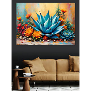 Renkli Egzotik Mavi Kaktüs Dekoratif Kanvas - Mdf Ahşap Tablo